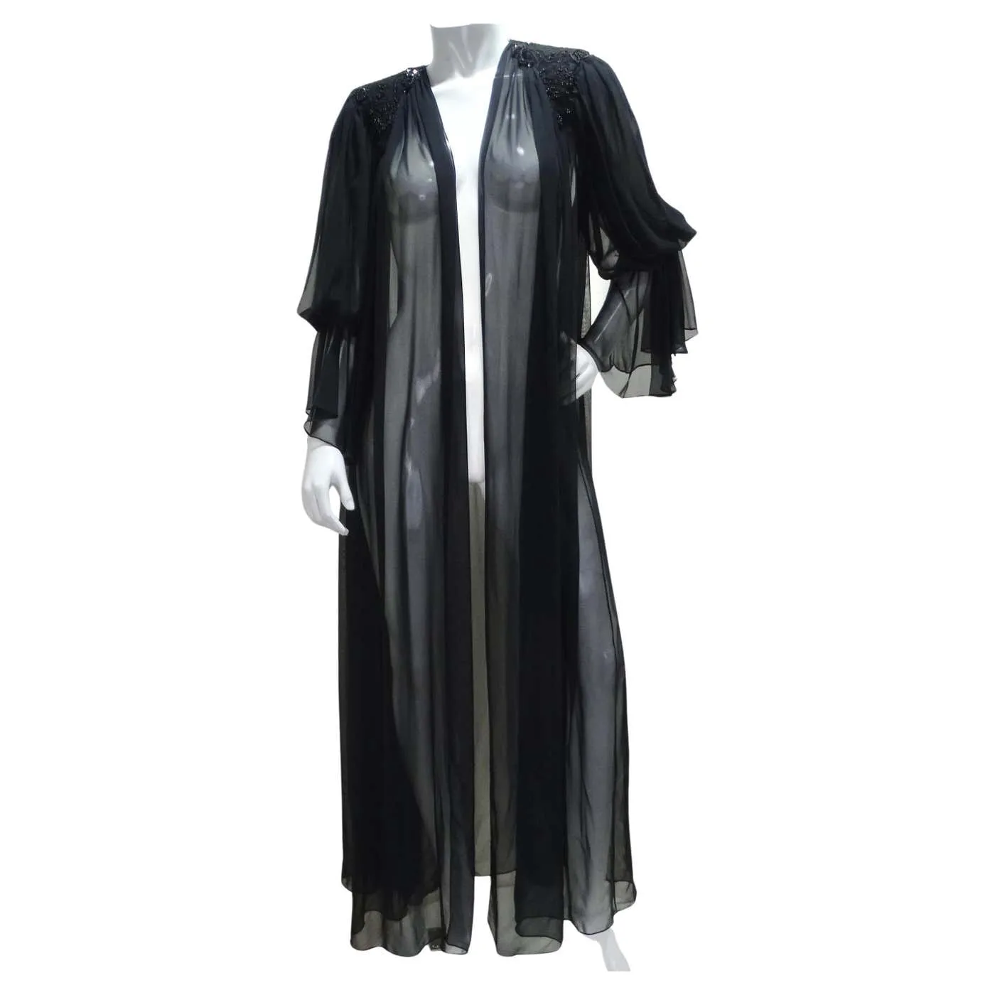 1980s Black Sheer Embellished Robe