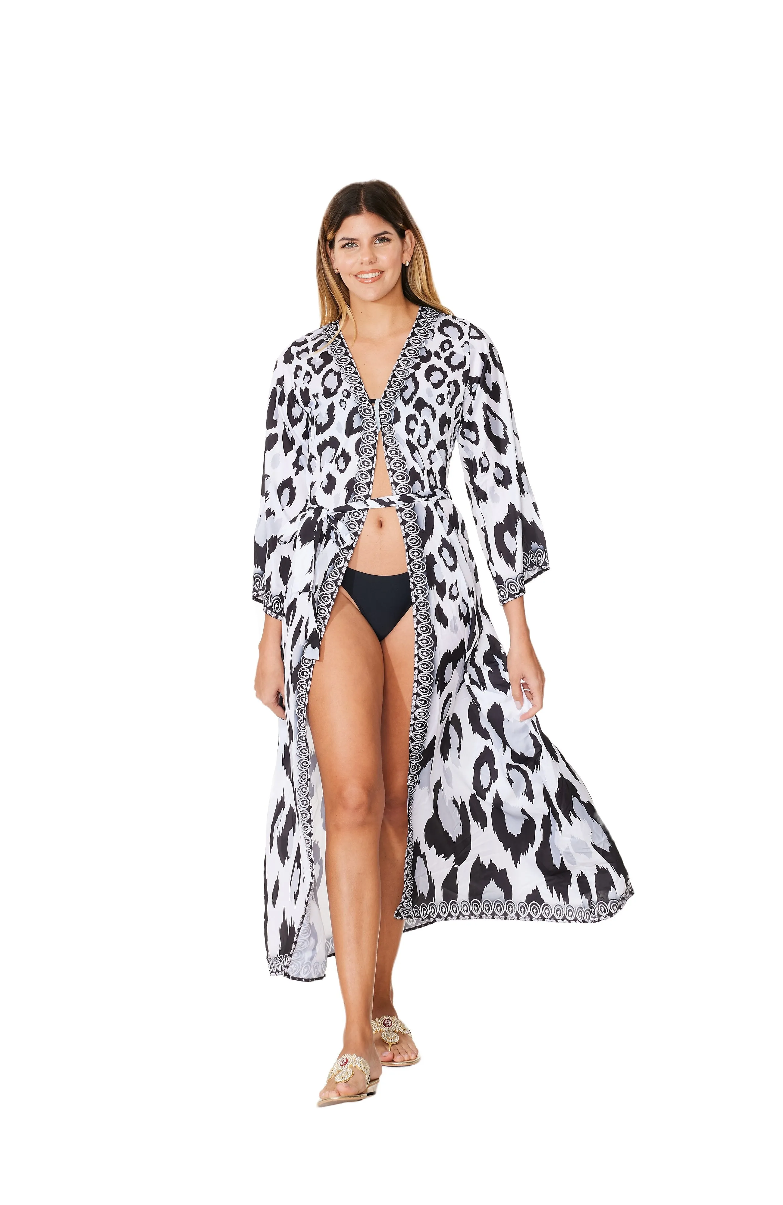 704-R Leopard Robe  Black and White