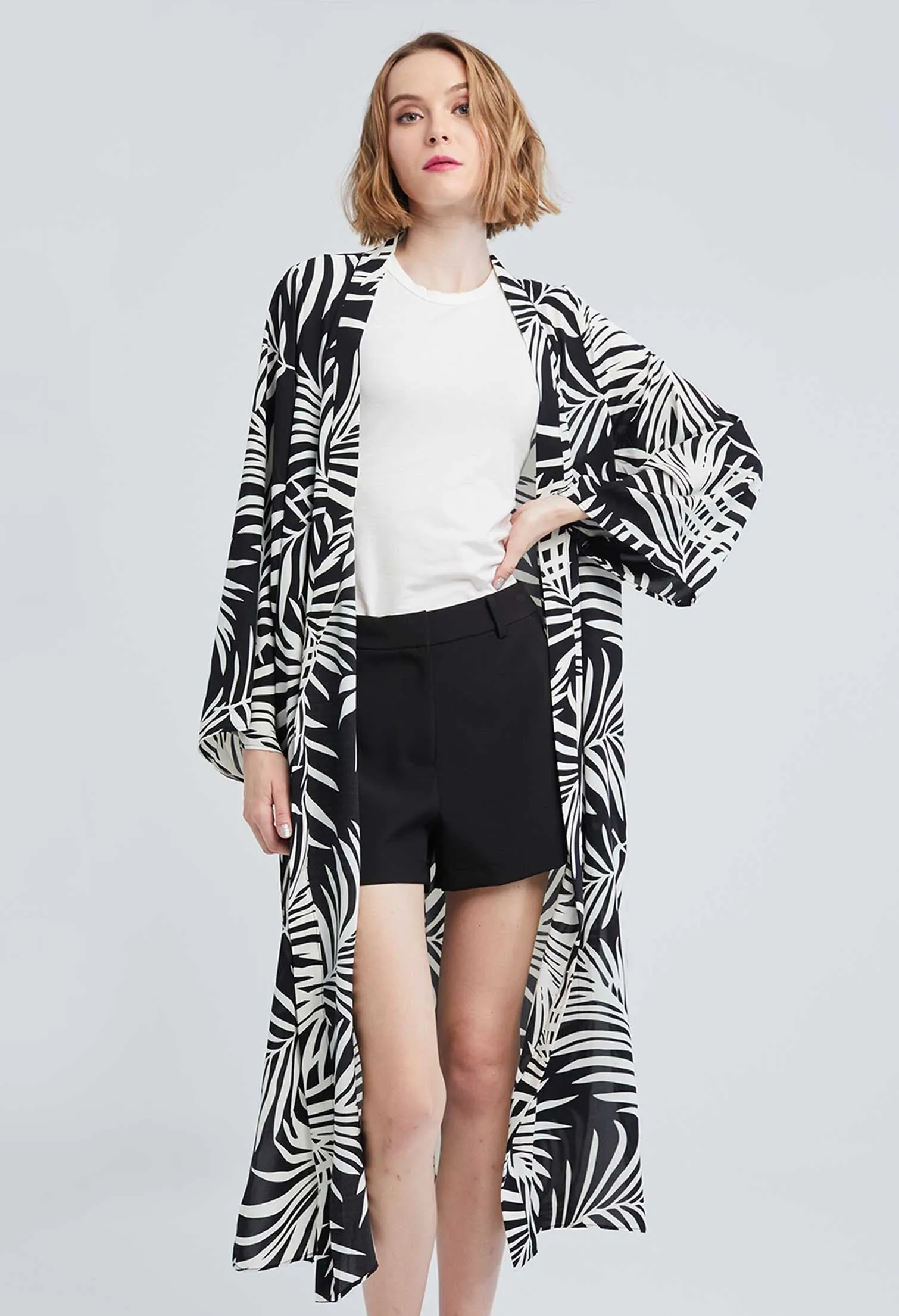 Allover Contrast Palm Leaf Kimono