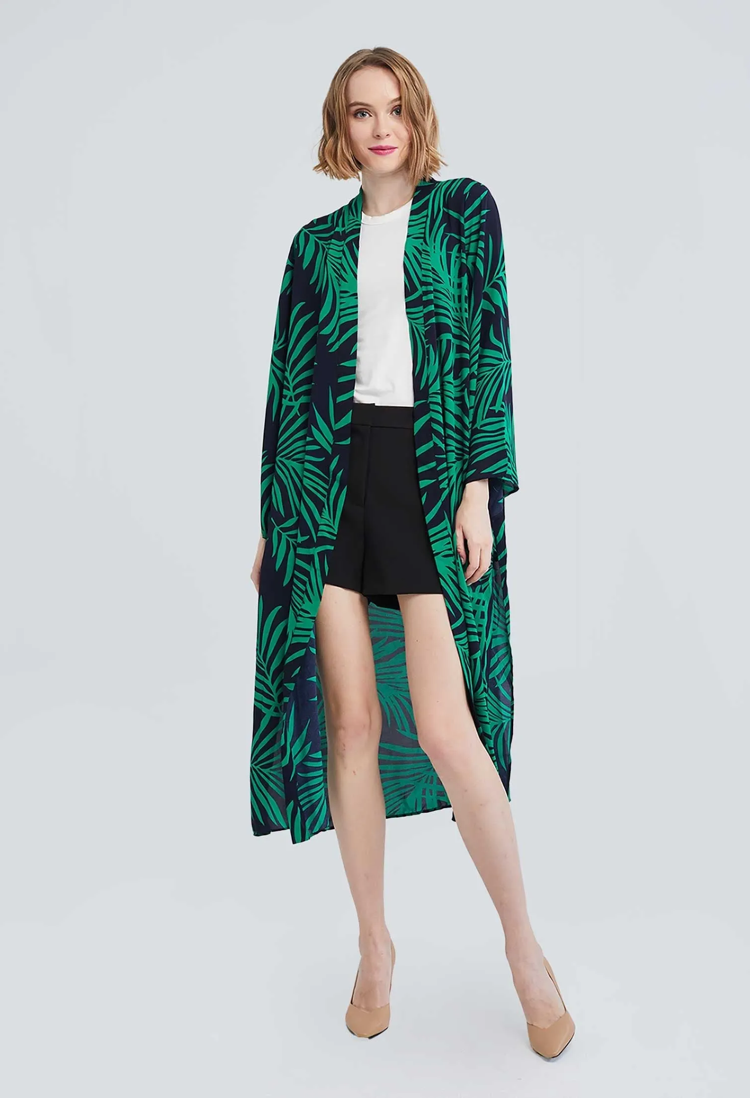 Allover Contrast Palm Leaf Kimono