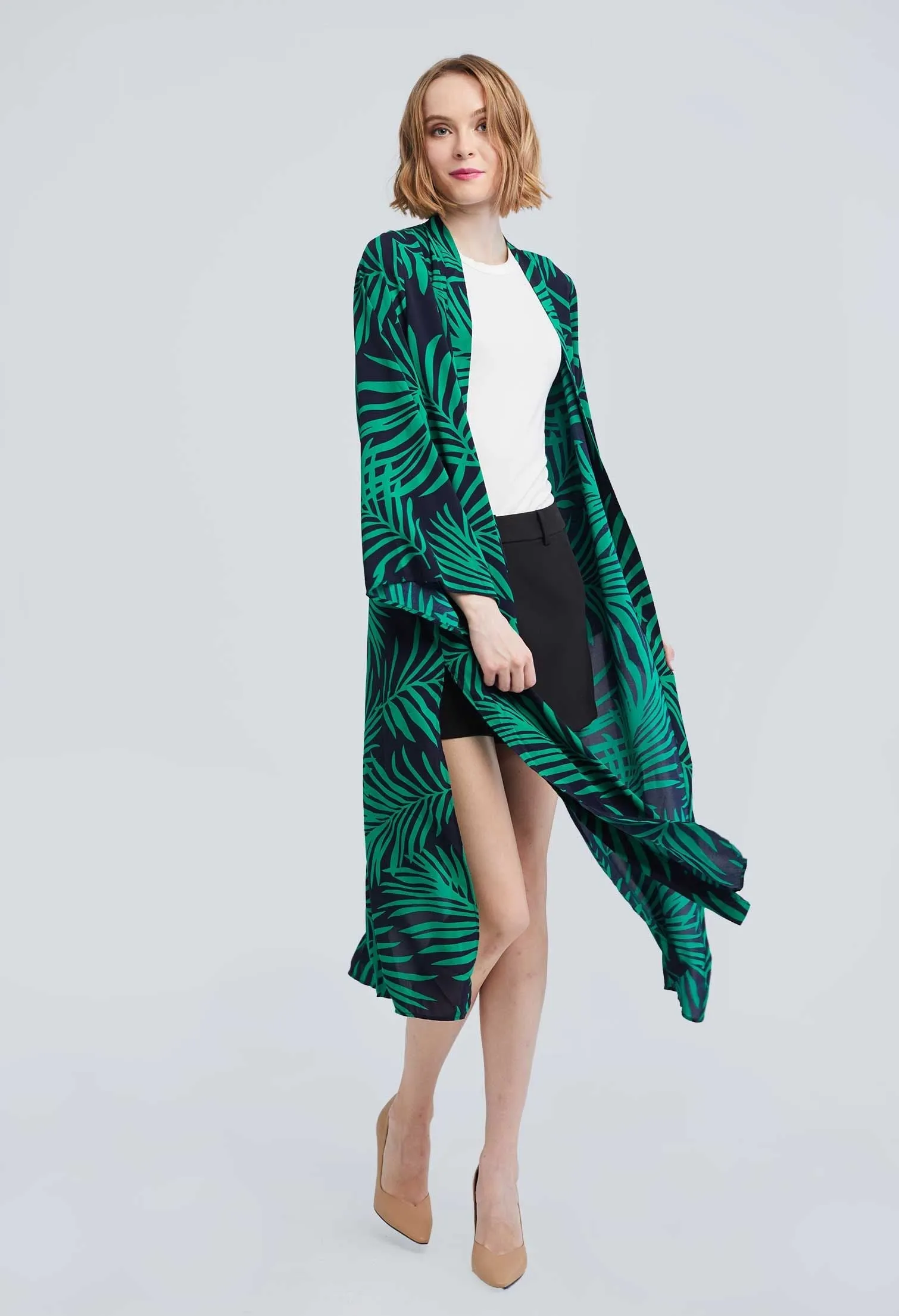 Allover Contrast Palm Leaf Kimono