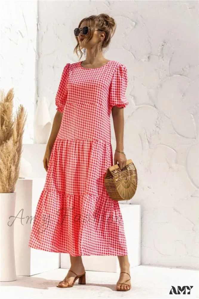 Amy Fashion - Polka Dot Plaid Print Robe Maxi Dress