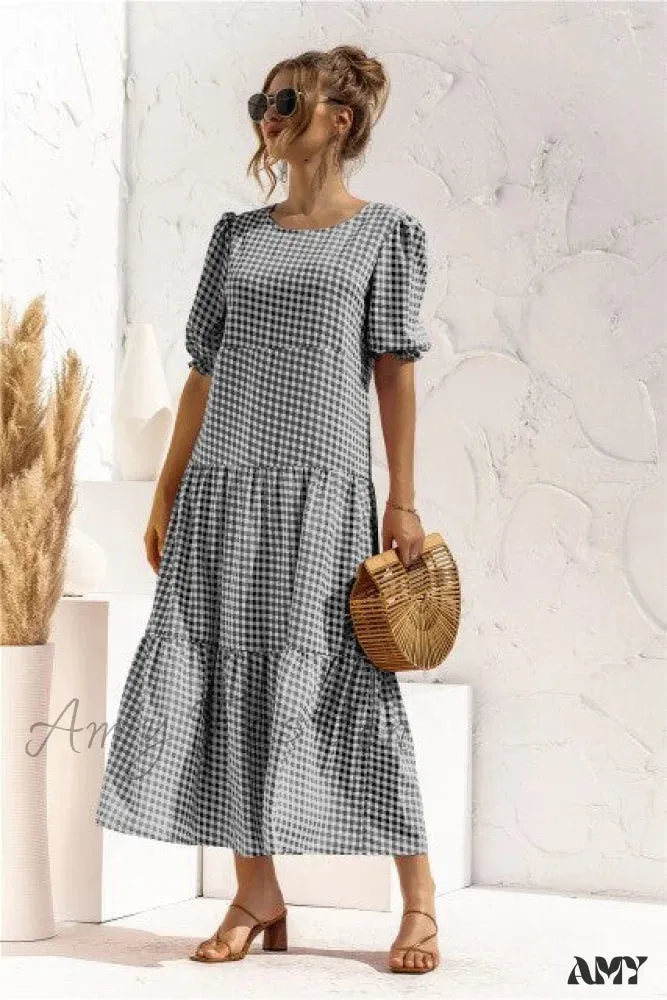 Amy Fashion - Polka Dot Plaid Print Robe Maxi Dress