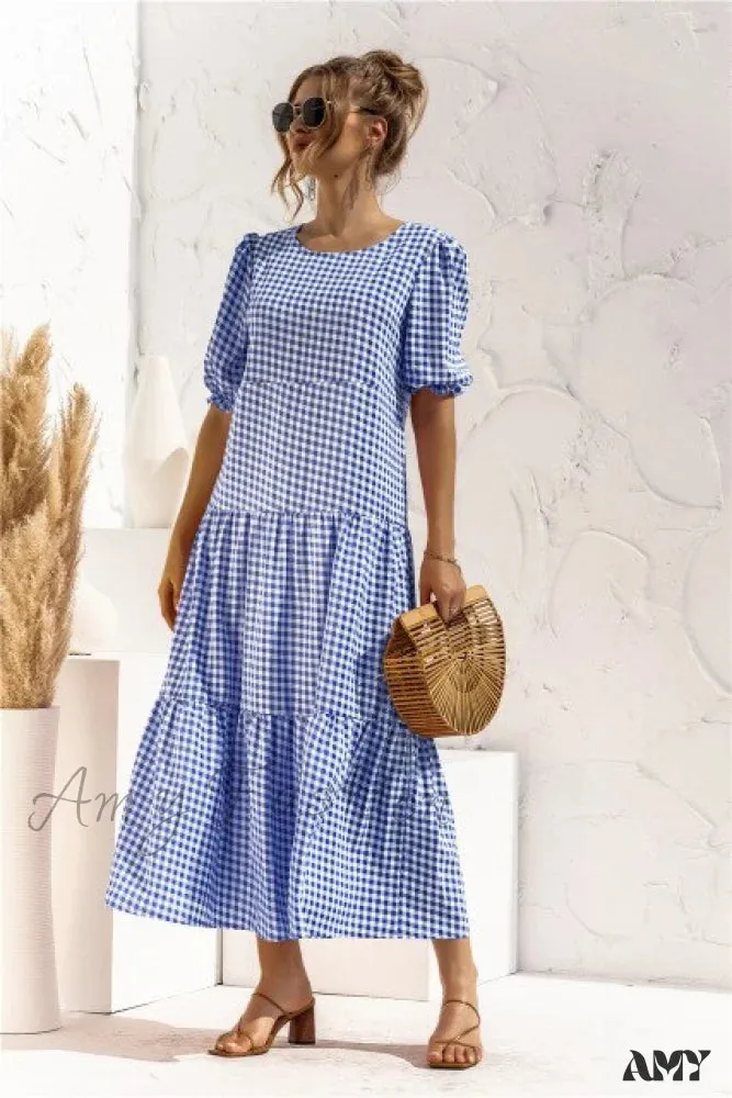 Amy Fashion - Polka Dot Plaid Print Robe Maxi Dress