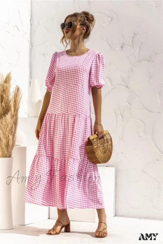 Amy Fashion - Polka Dot Plaid Print Robe Maxi Dress