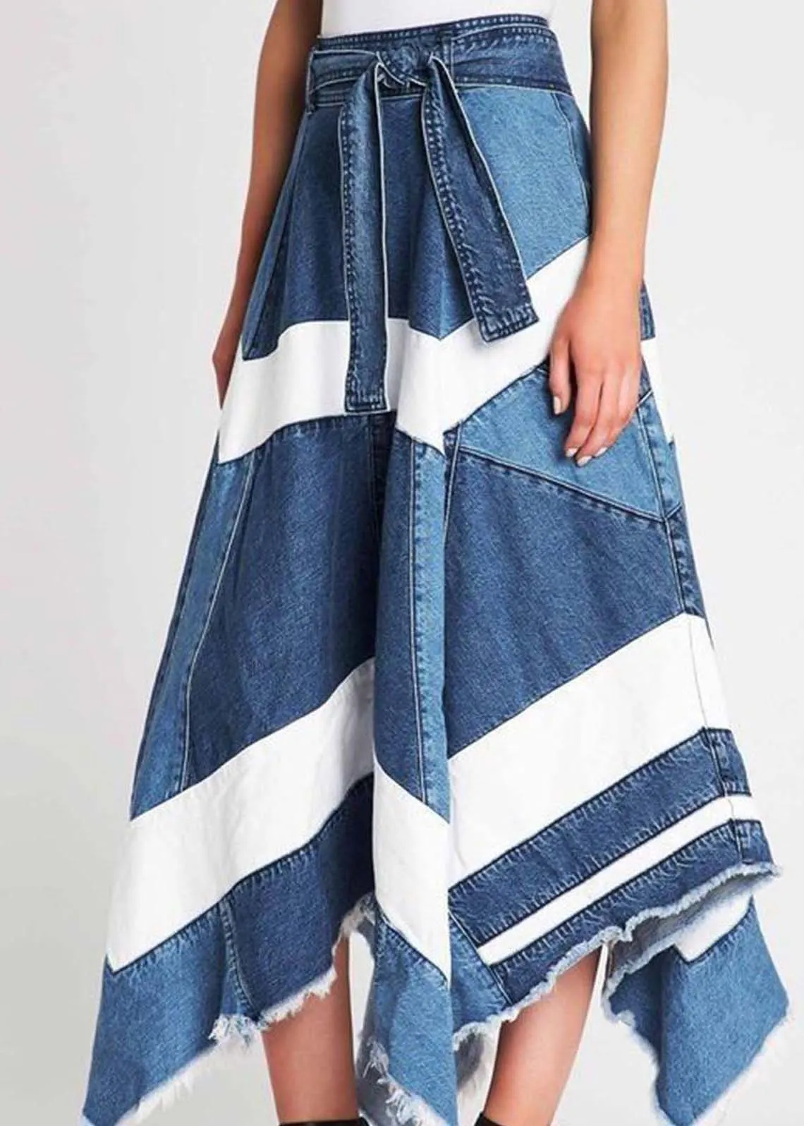 Blue Asymmetrical Patchwork Denim A Line Skirts