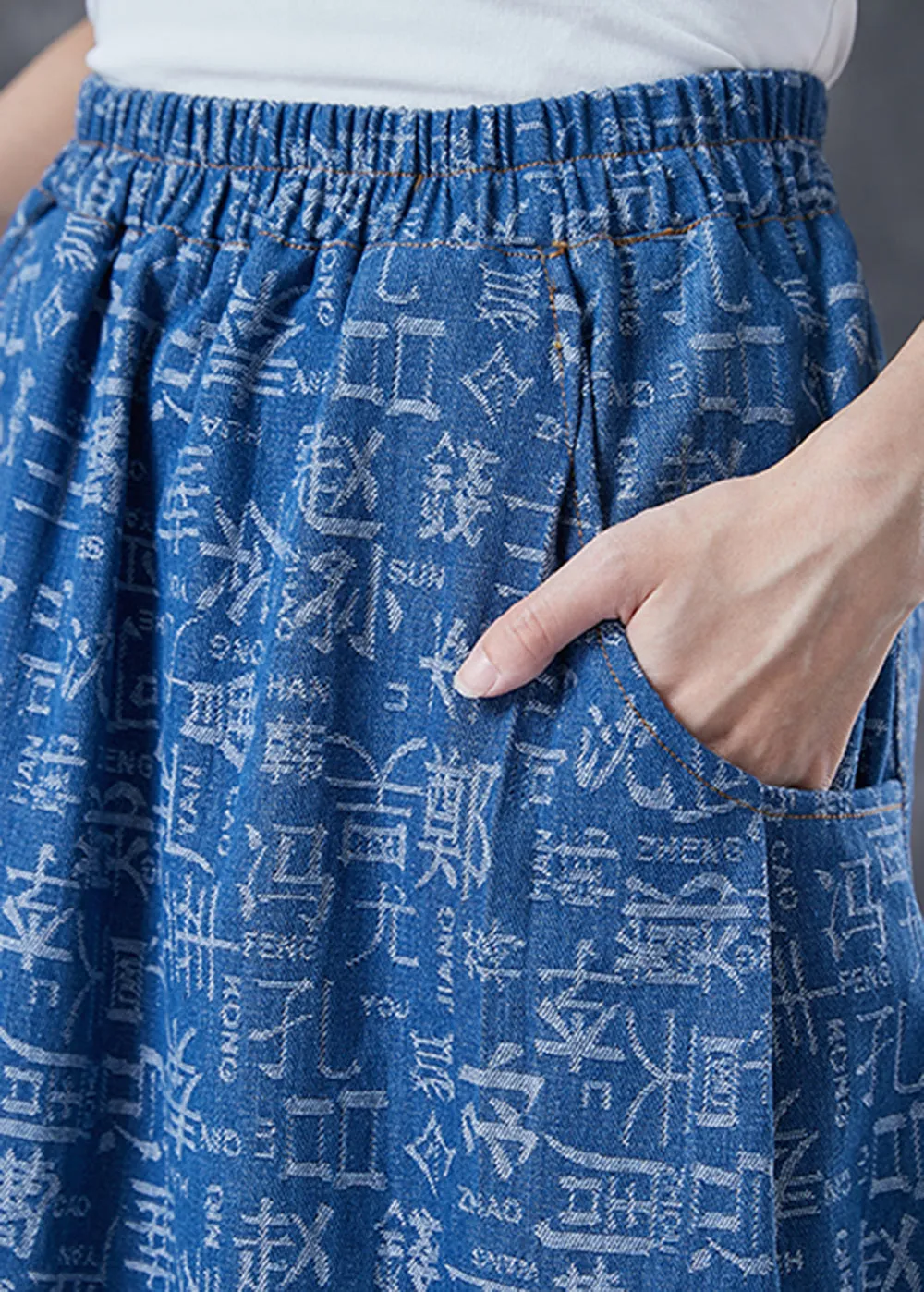 Blue Elastic Waist Print Denim Skirts