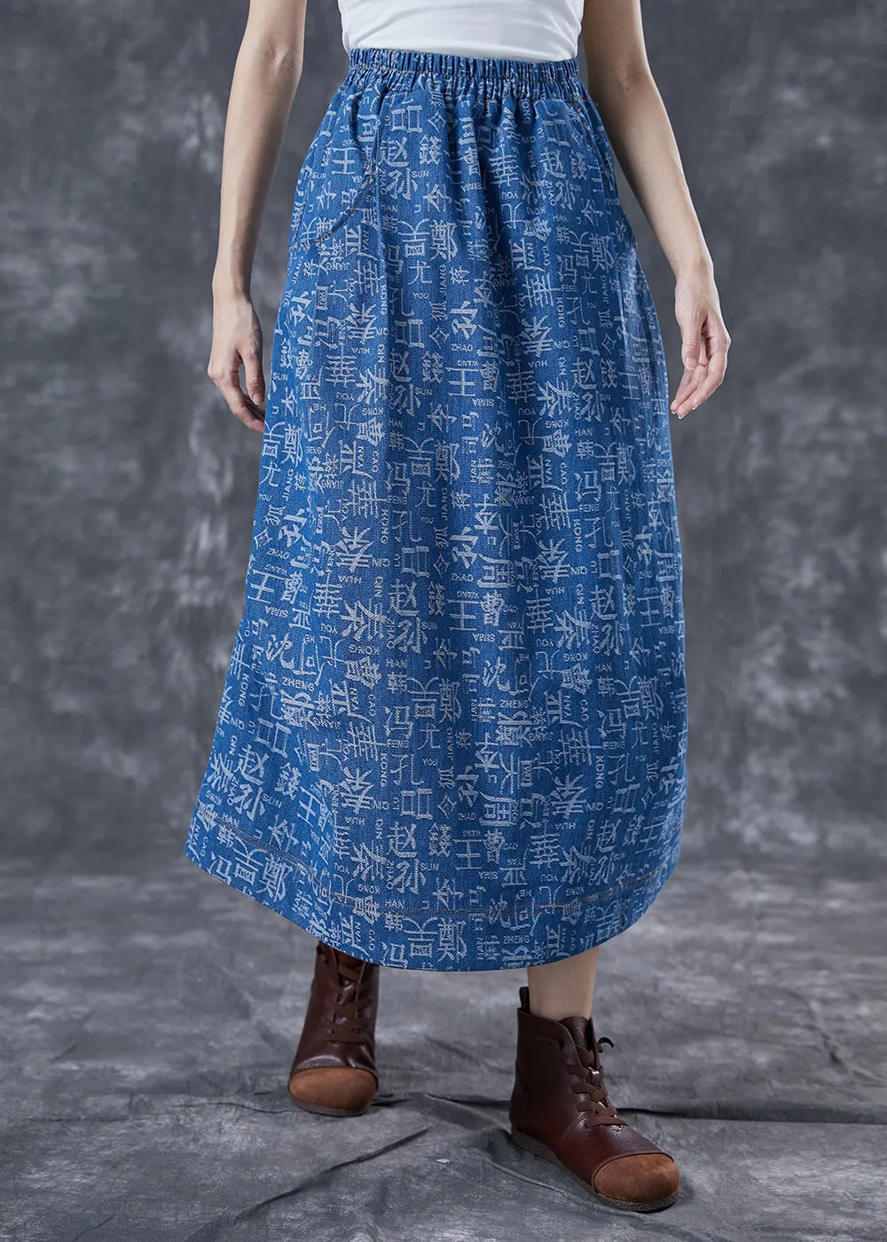 Blue Elastic Waist Print Denim Skirts