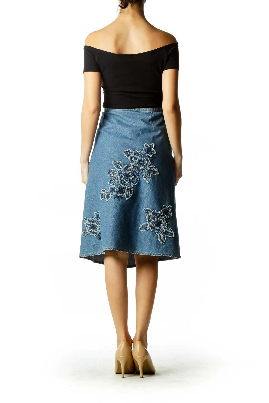 Blue Embroidered Denim Skirts