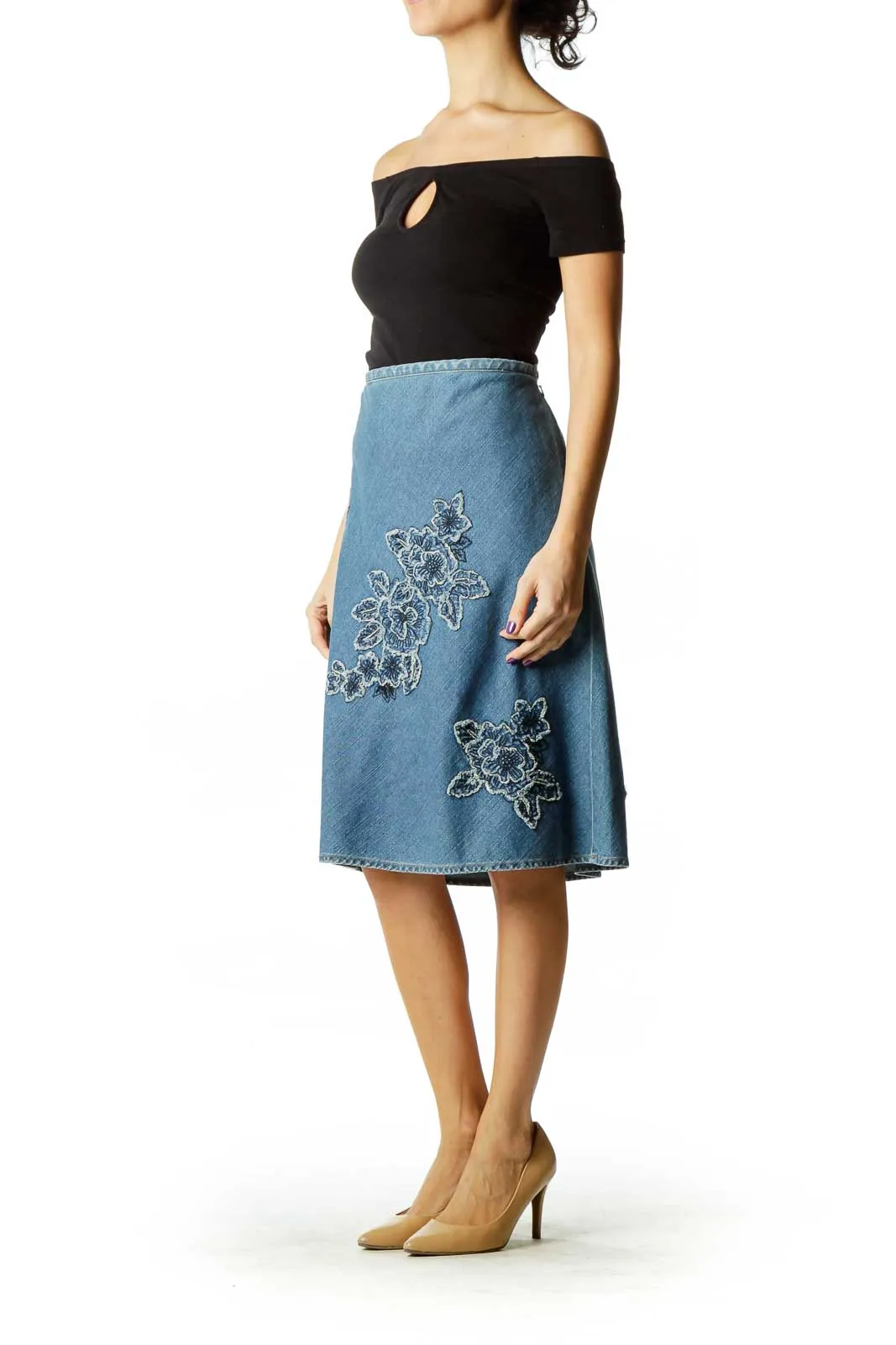 Blue Embroidered Denim Skirts