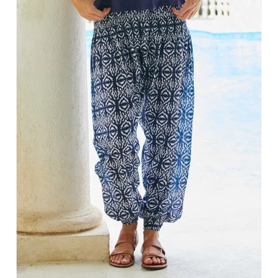 Blue Navy & White Ikat Harem Cotton Trousers