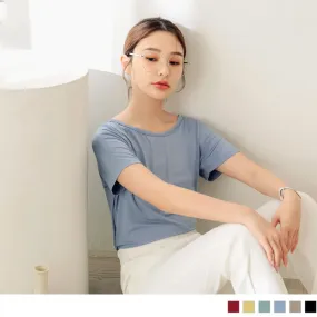 BOAT NECK PURE COLOR SHORT SLEEVE TOPS