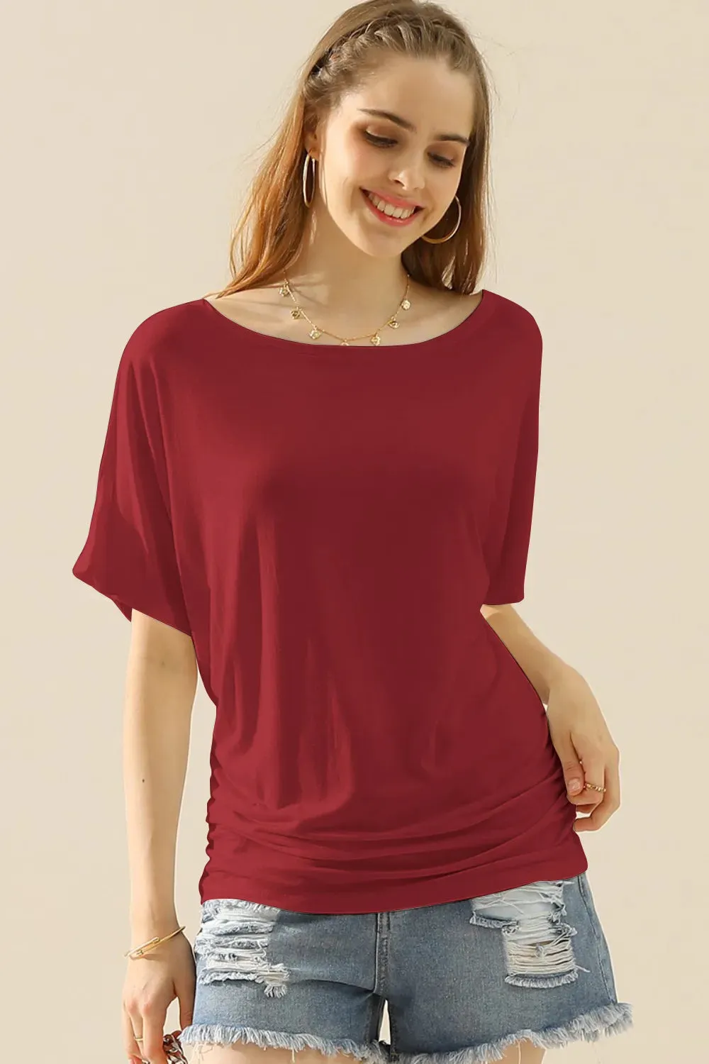 Boat Neck Short Sleeve Ruched Side Top