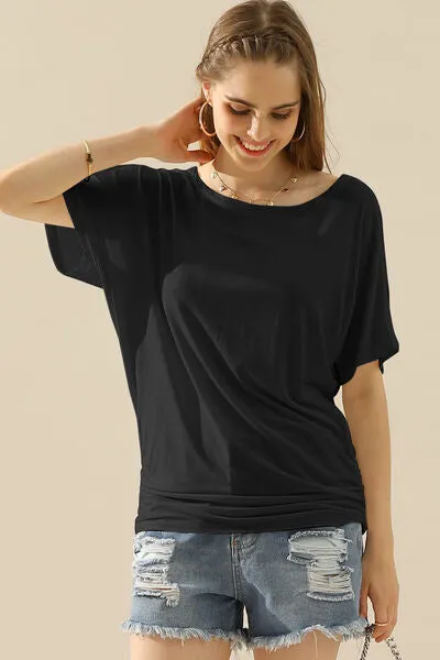 Boat Neck Short Sleeve Ruched Side Top