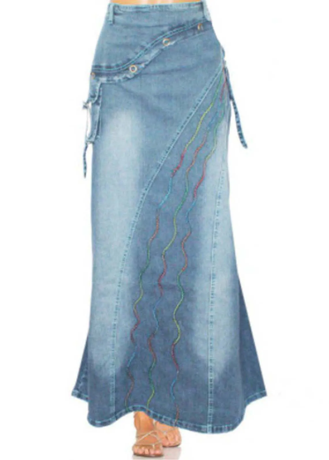 Boho Blue Embroideried Patchwork Denim Skirts