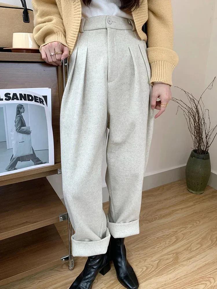 Bonnyshow Chic Women Casual Loose Pockets Woolen Suit Pants 2023 Autumn Winter High Waist Thicken Korean Ladies Solid Harem Trousers