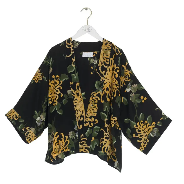 Chrysanthemum Black Crepe Kimono