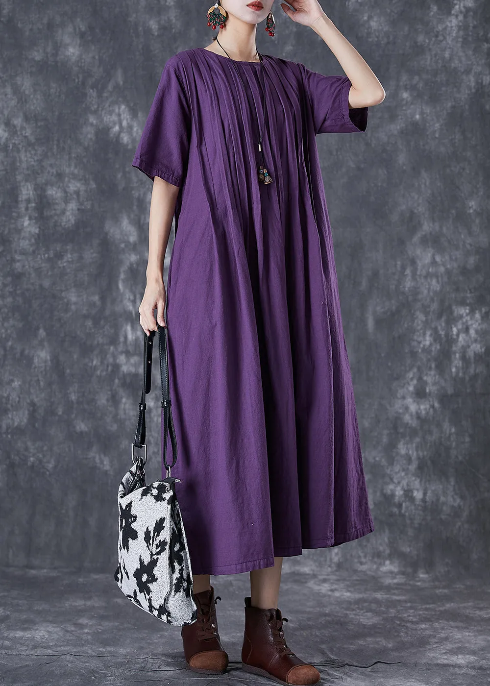 Classy Dark Purple Oversized Wrinkled Linen Robe Dresses Summer TD1021