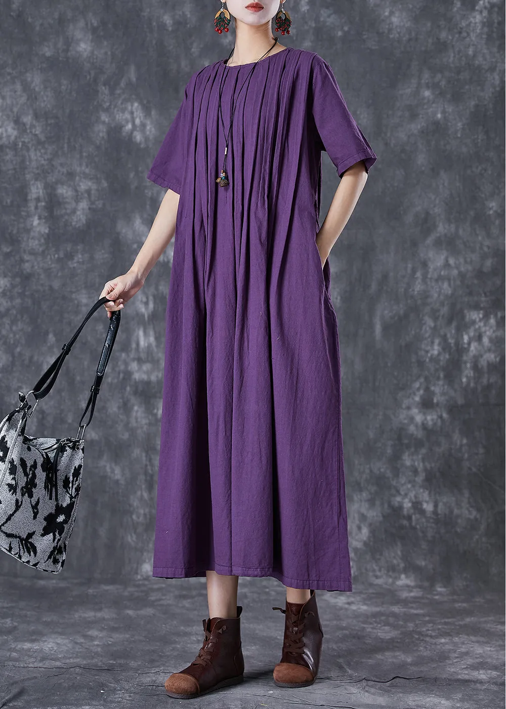 Classy Dark Purple Oversized Wrinkled Linen Robe Dresses Summer TD1021