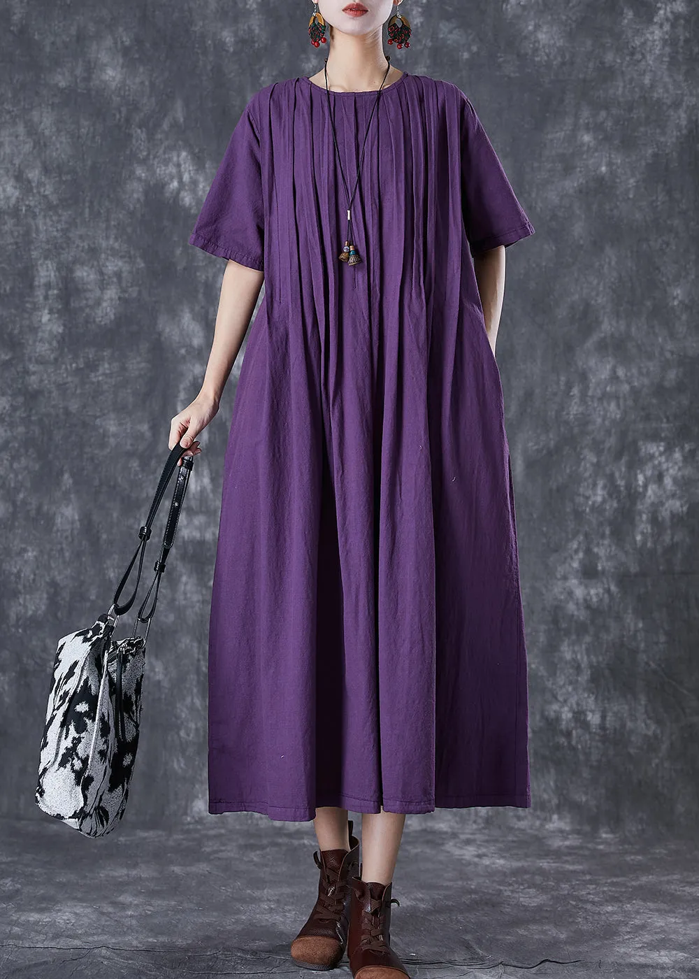 Classy Dark Purple Oversized Wrinkled Linen Robe Dresses Summer TD1021