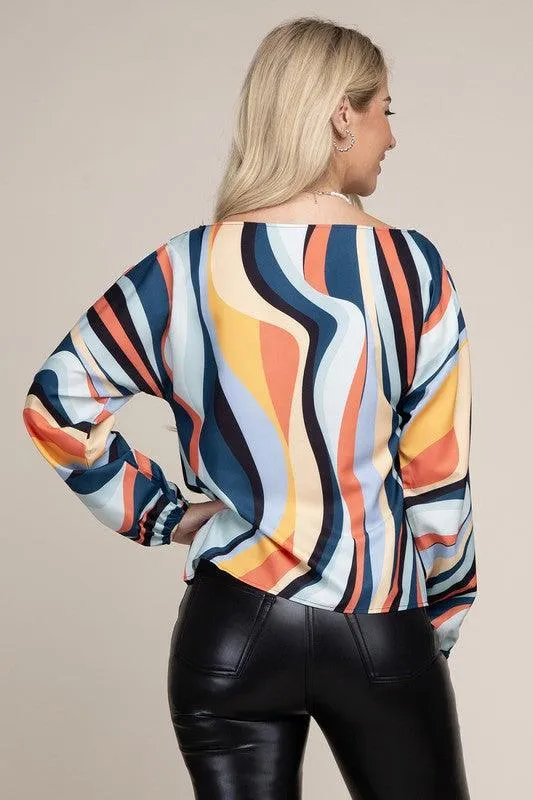 Colorblock Boat Neck Bishop Sleeve Blouse