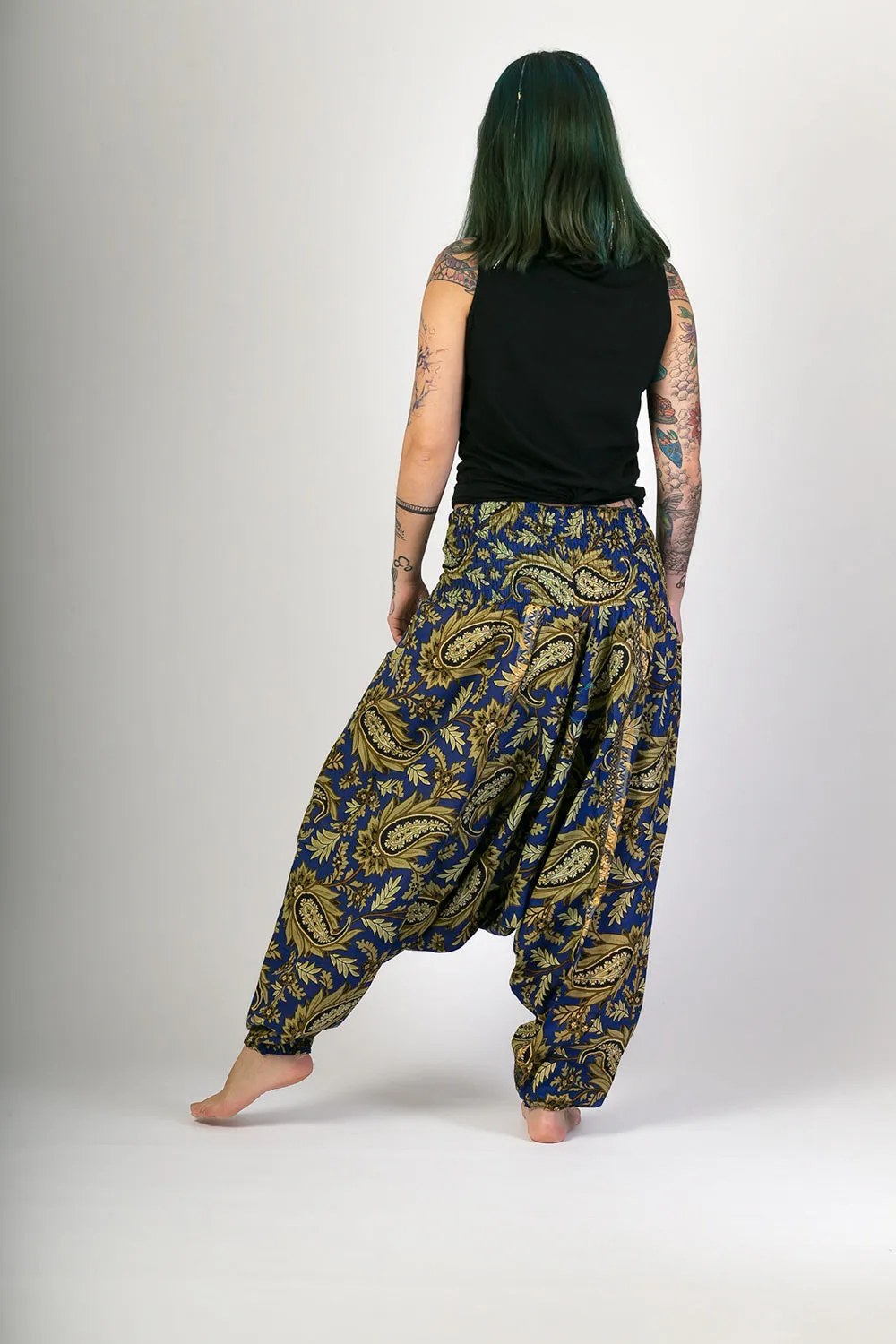 Dark Blue Floral Print Cotton Harem Yoga Jumpsuit Pants