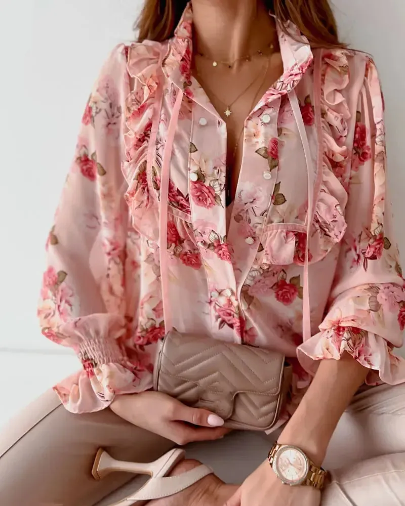 Deanwangkt - Floral Print Ruffle Hem Button Down Shirt