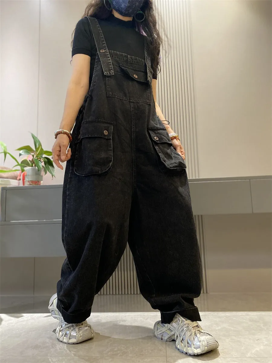 Denim overalls for women retro large pocket overalls