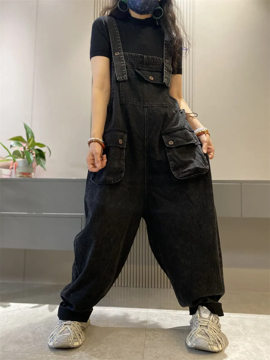 Denim overalls for women retro large pocket overalls