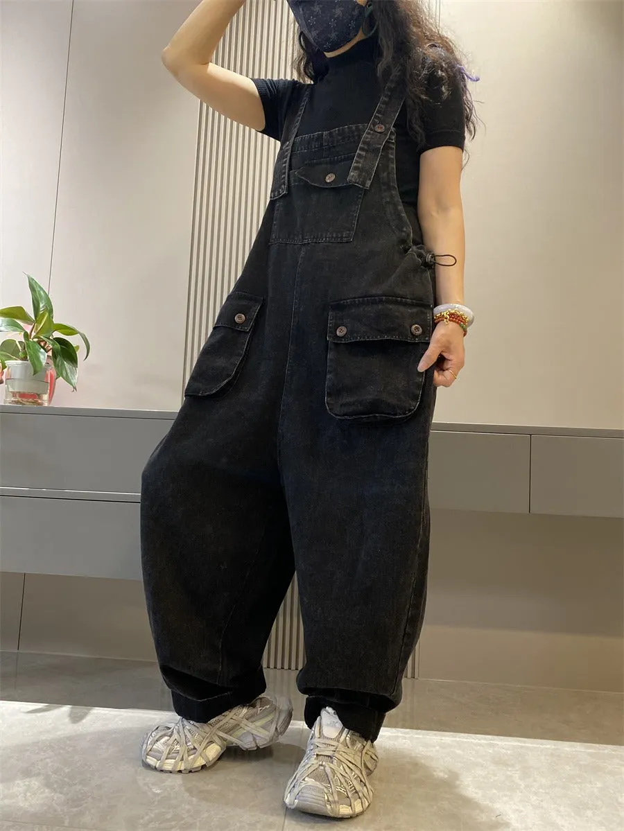 Denim overalls for women retro large pocket overalls