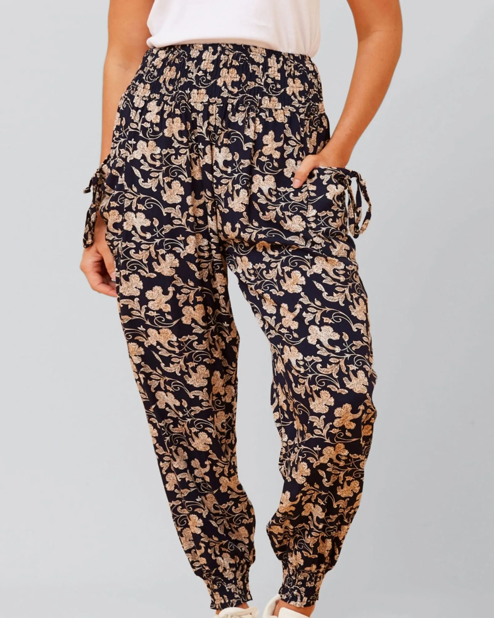 Edna Pants Harem Boho Smocked Waist | Navy