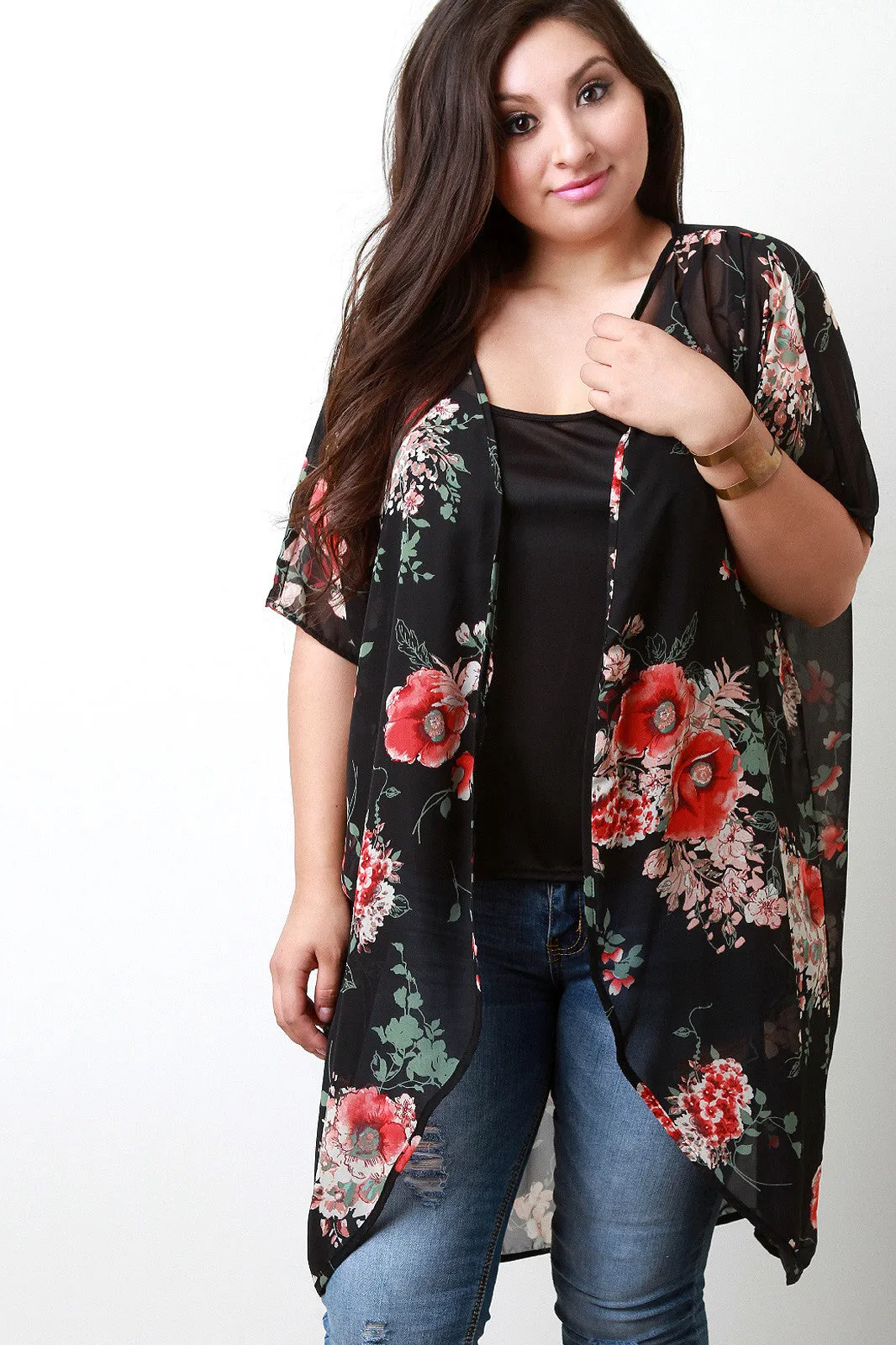 Floral Print Dolman Chiffon Kimono