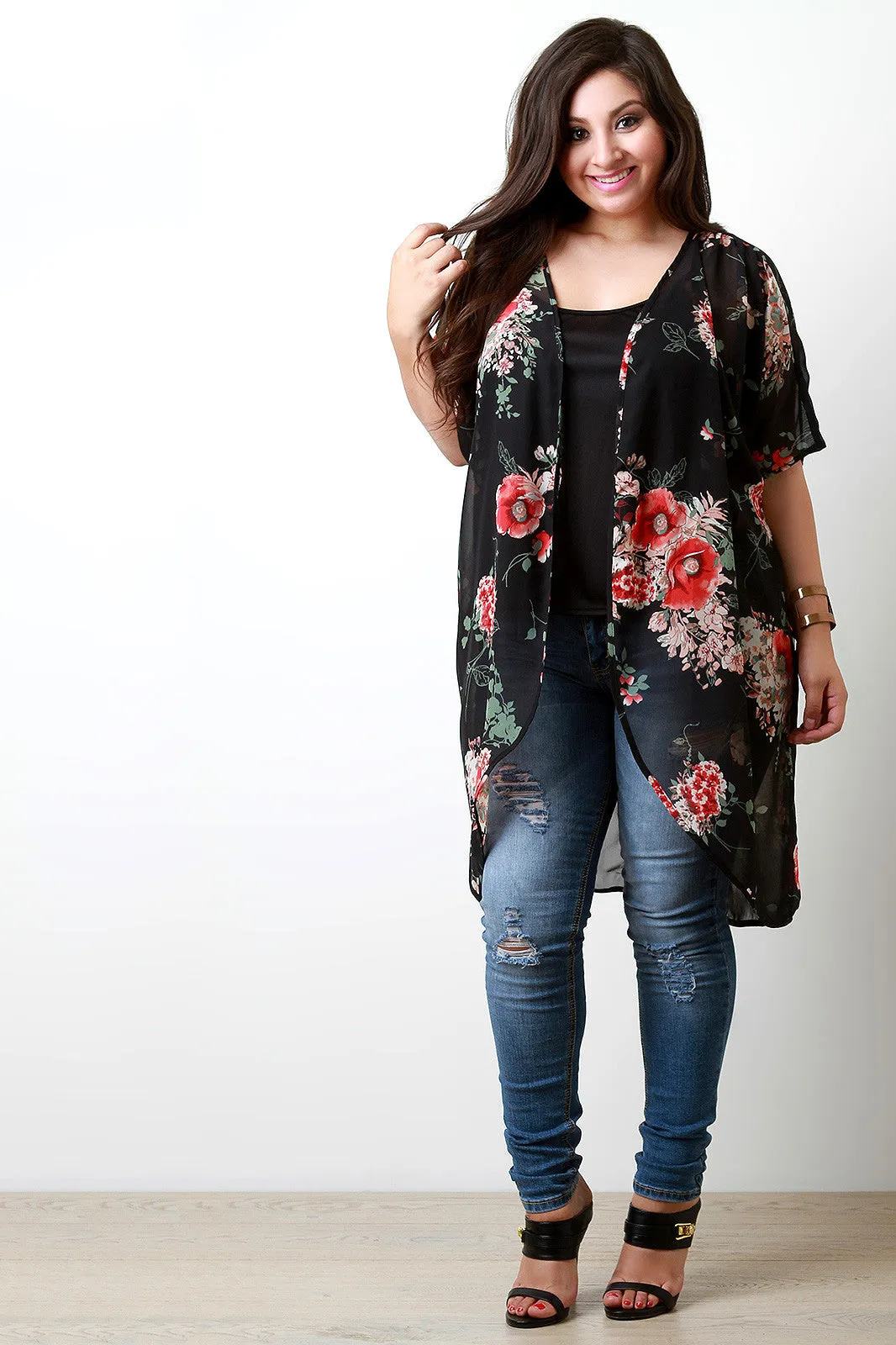 Floral Print Dolman Chiffon Kimono