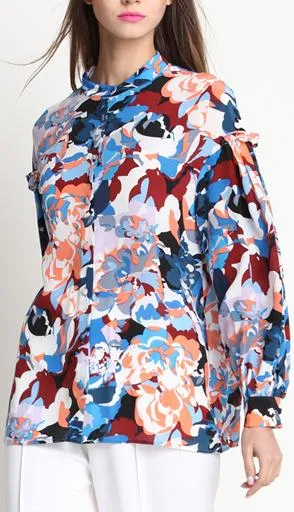 Floral-Print Ruffle-Sleeve Silk Blouse