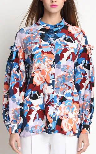 Floral-Print Ruffle-Sleeve Silk Blouse