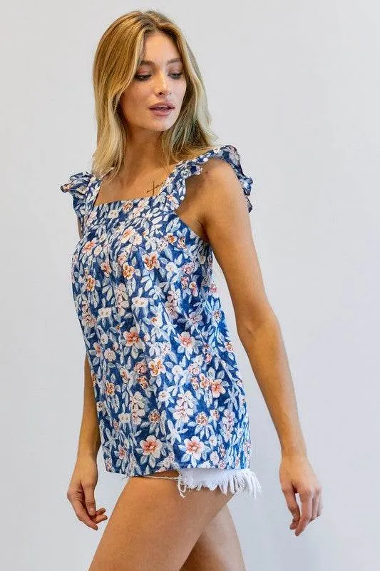 Floral Printed Ruffle Sleeveless Top