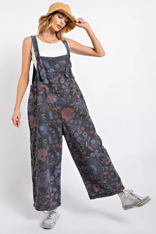 Frankie Floral Overalls in Charcoal