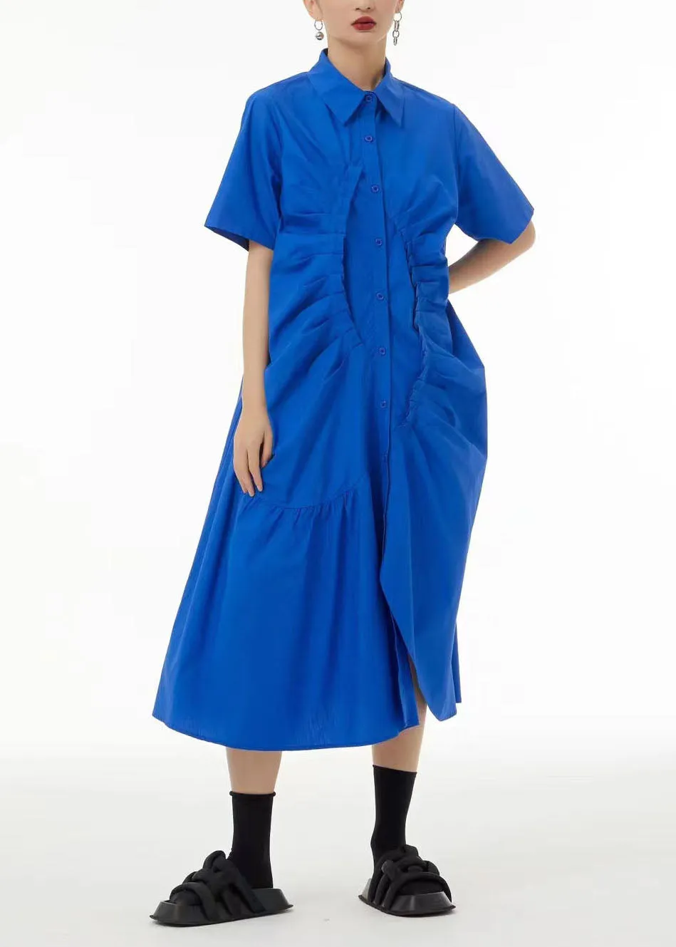 French Green Asymmetrical Wrinkled Cotton Robe Dresses Summer LC0158