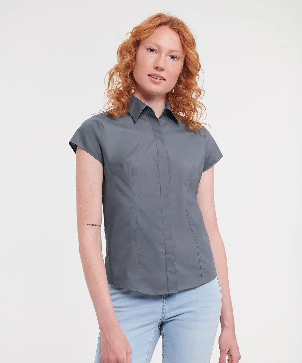 French Navy - Women's cap sleeve polycotton easycare fitted poplin shirt