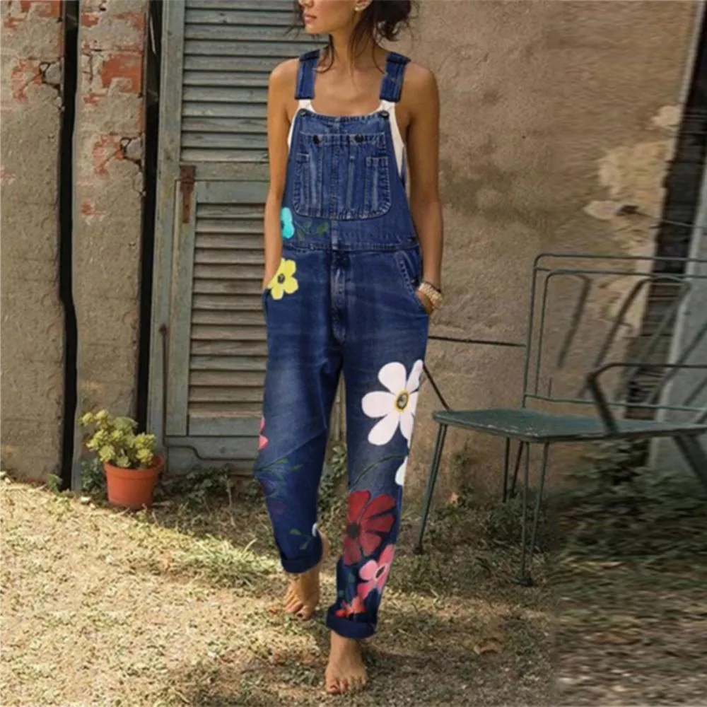 Funki Buys | Pants | Women's Floral Denim Suspender Overalls