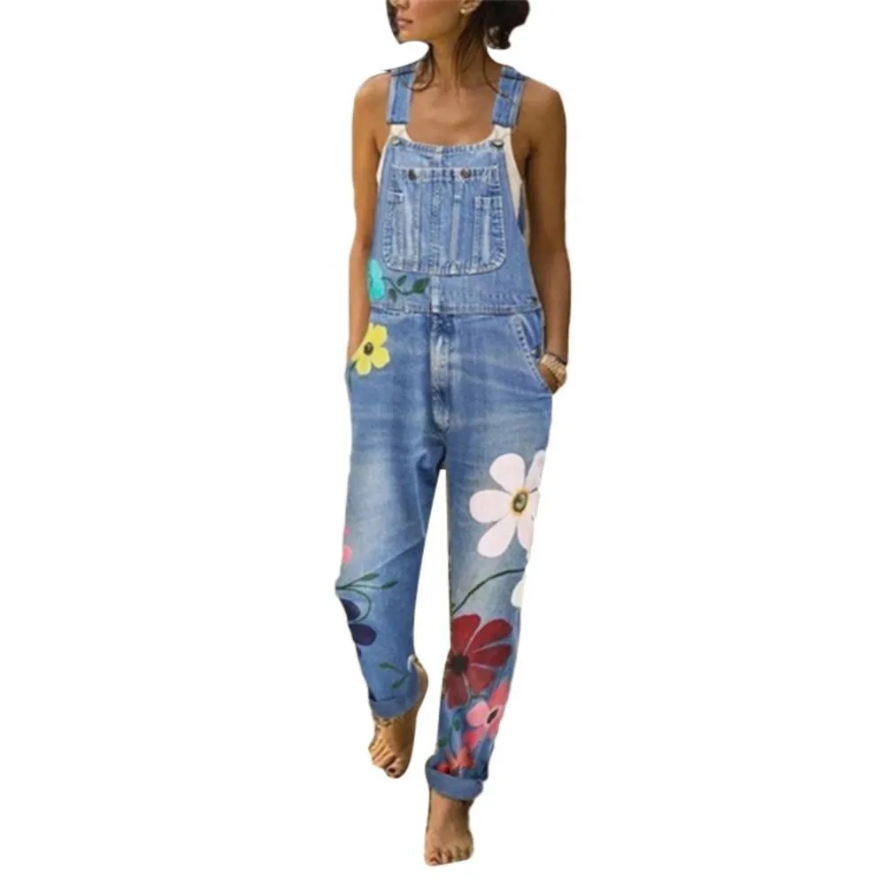 Funki Buys | Pants | Women's Floral Denim Suspender Overalls