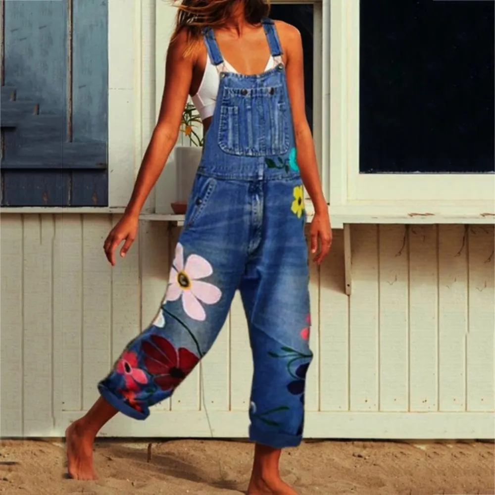 Funki Buys | Pants | Women's Floral Denim Suspender Overalls