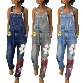 Funki Buys | Pants | Women's Floral Denim Suspender Overalls