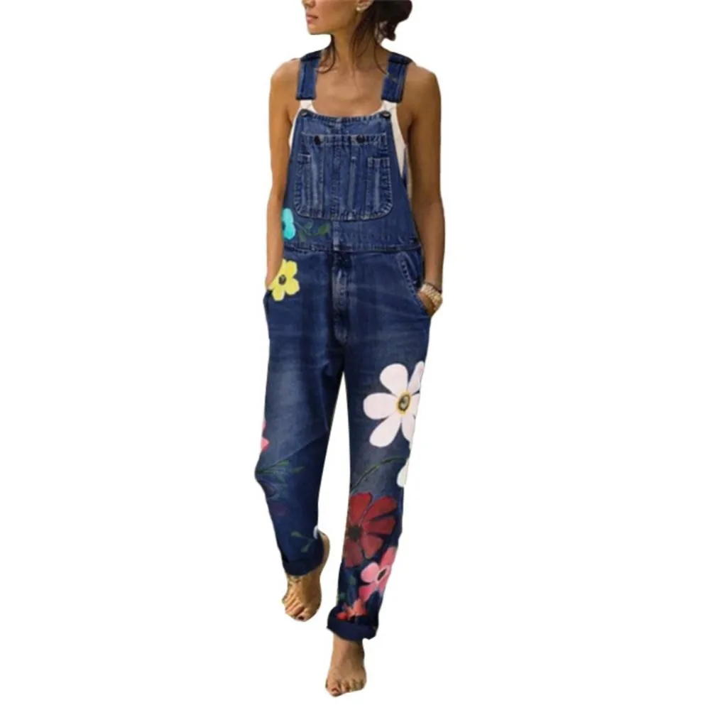 Funki Buys | Pants | Women's Floral Denim Suspender Overalls