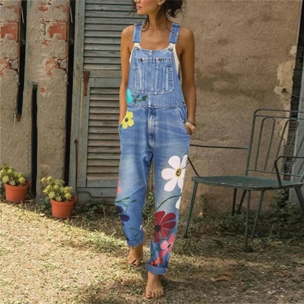 Funki Buys | Pants | Women's Floral Denim Suspender Overalls