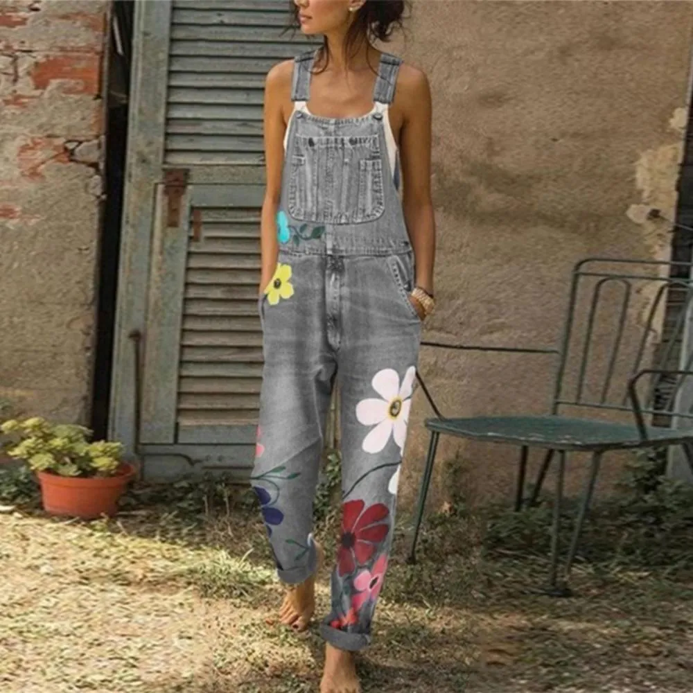 Funki Buys | Pants | Women's Floral Denim Suspender Overalls