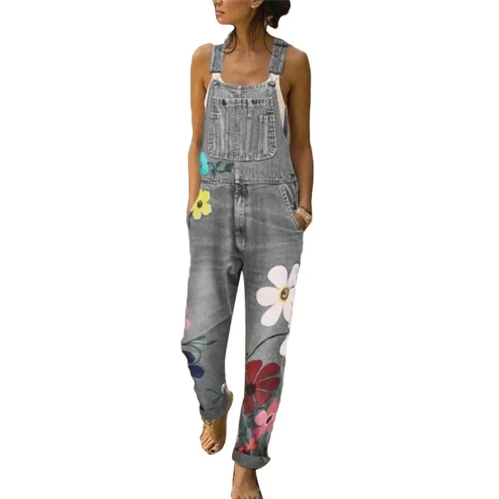 Funki Buys | Pants | Women's Floral Denim Suspender Overalls