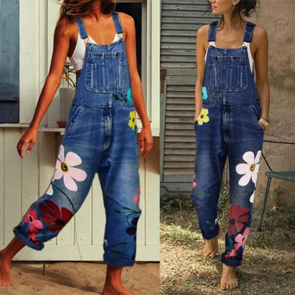 Funki Buys | Pants | Women's Floral Denim Suspender Overalls