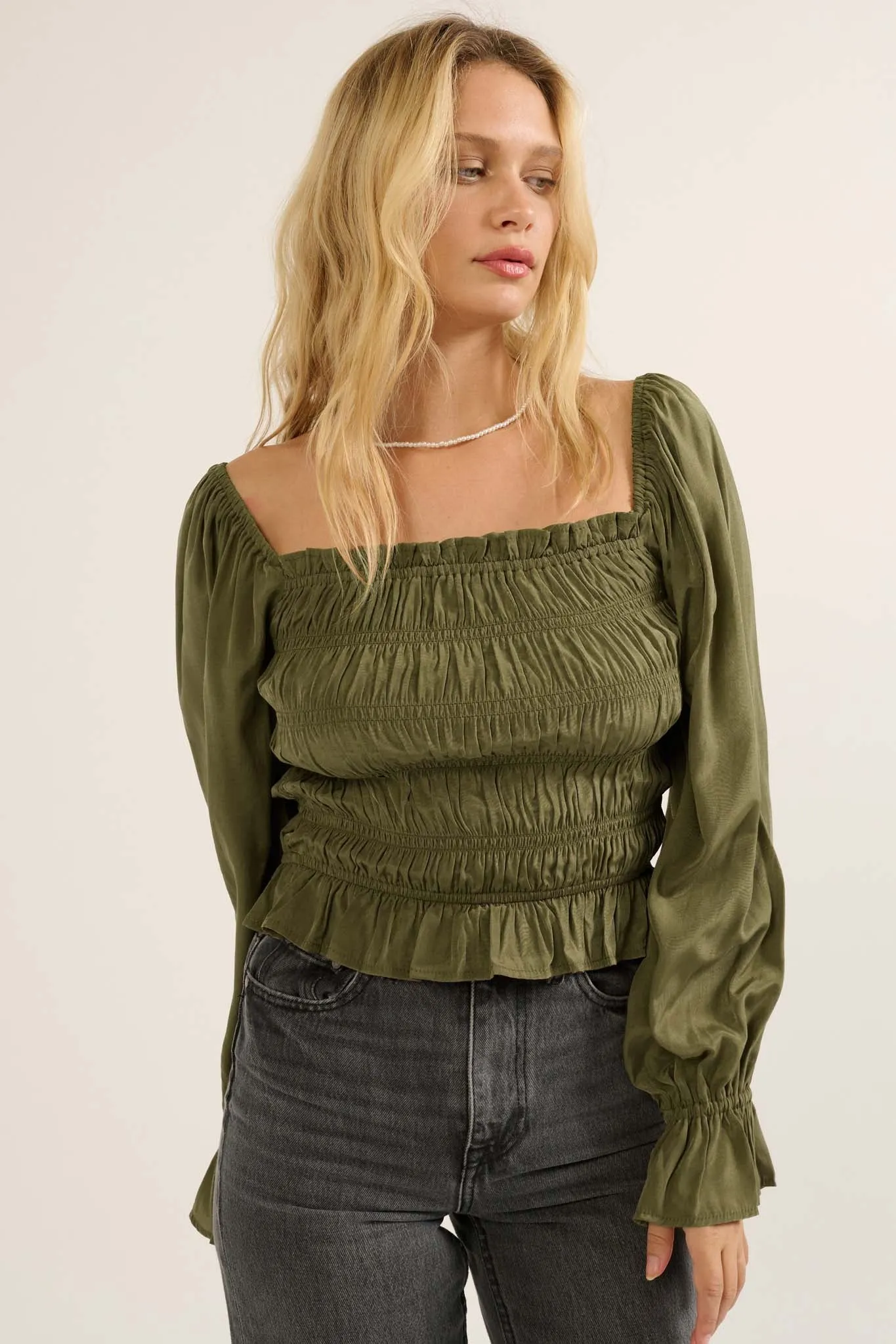 Gather Together Smocked Matte Satin Peasant Top