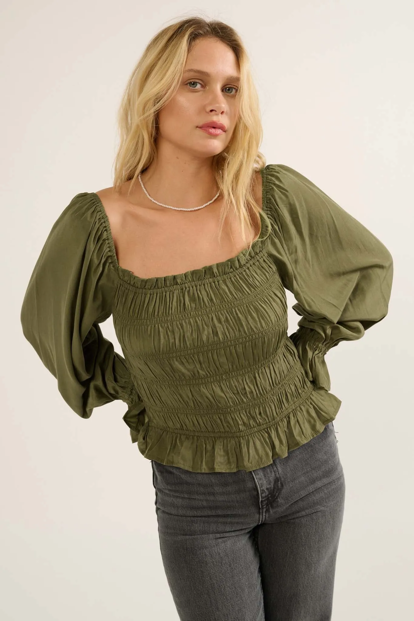 Gather Together Smocked Matte Satin Peasant Top